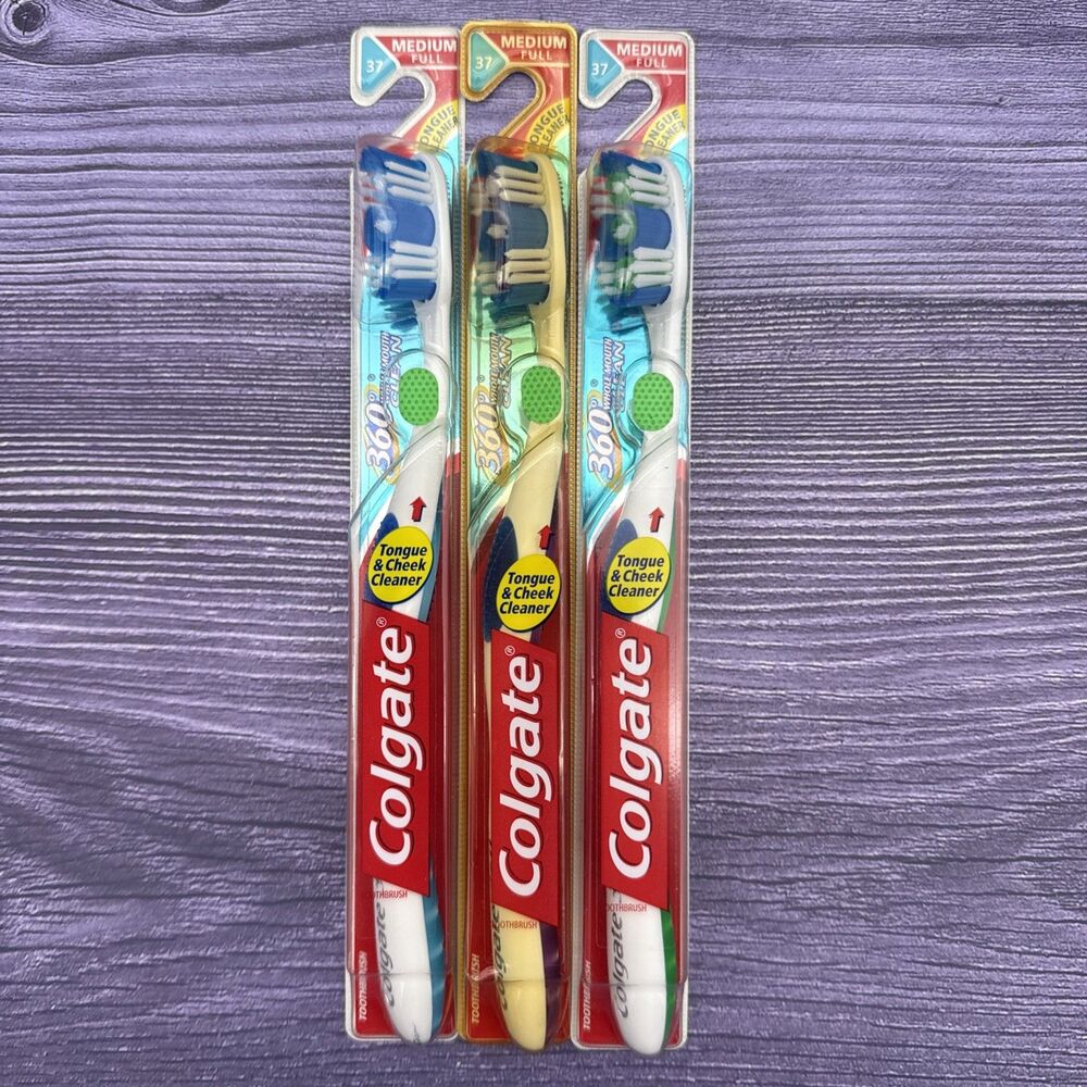 3 Pack Colgate Total 360 Advanced Whitening MEDUIM Tongue Cleaner Toothbrush